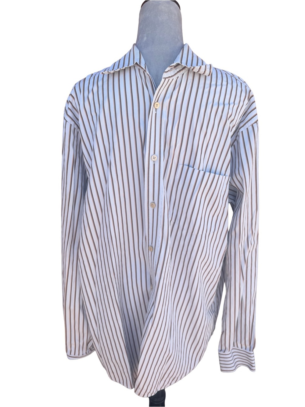 Vintage Express Men's XL Long Sleeve Striped Dress Shirt 100% Cotton Blue/Brown